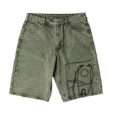Green denim shorts with a graphic design on a white background