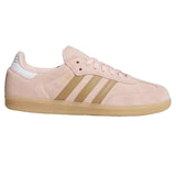 Pink Adidas sneaker with three stripes on a white background